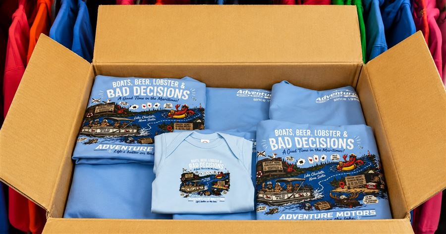 Custom illustrated lake t-shirts including a baby onesie