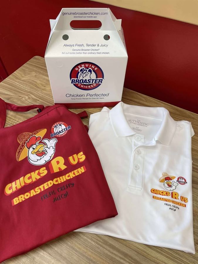 Chicks R Us broasted chicken apron and embroidered polo