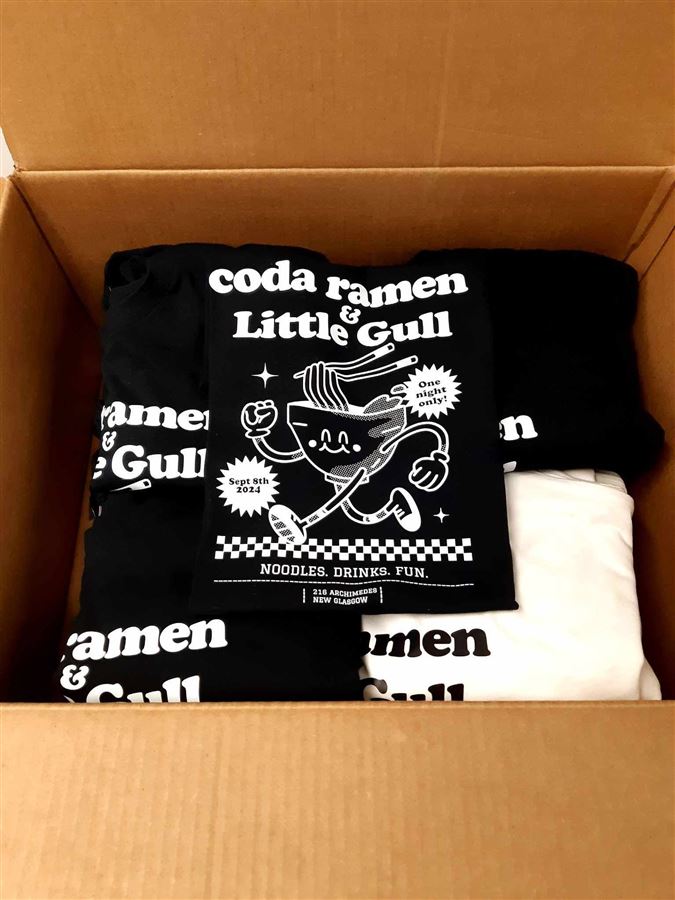Coda Ramen and Little Gull event t-shirts in black and white