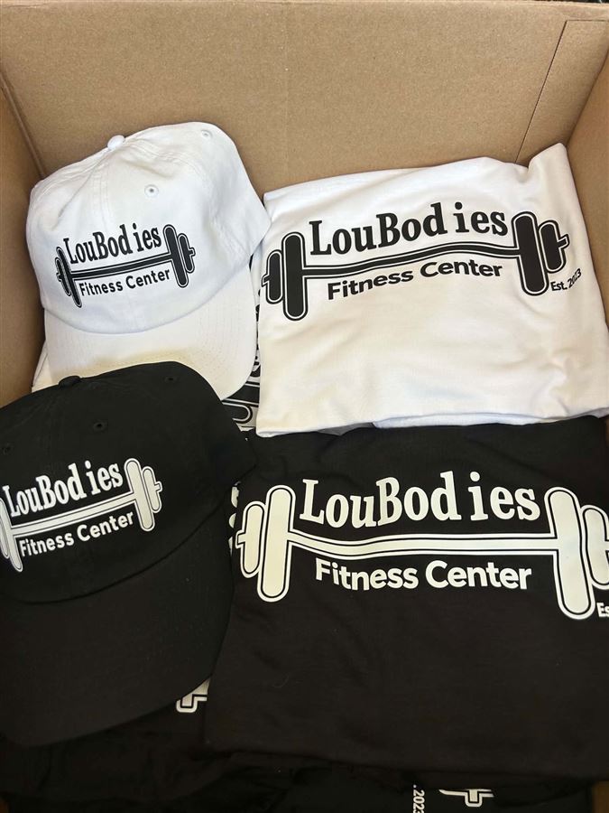 LouBodies Fitness Center t-shirts and caps in black and white