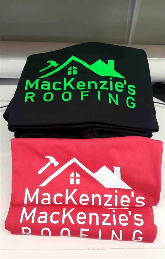 MacKenzie's Roofing t-shirts in black and red