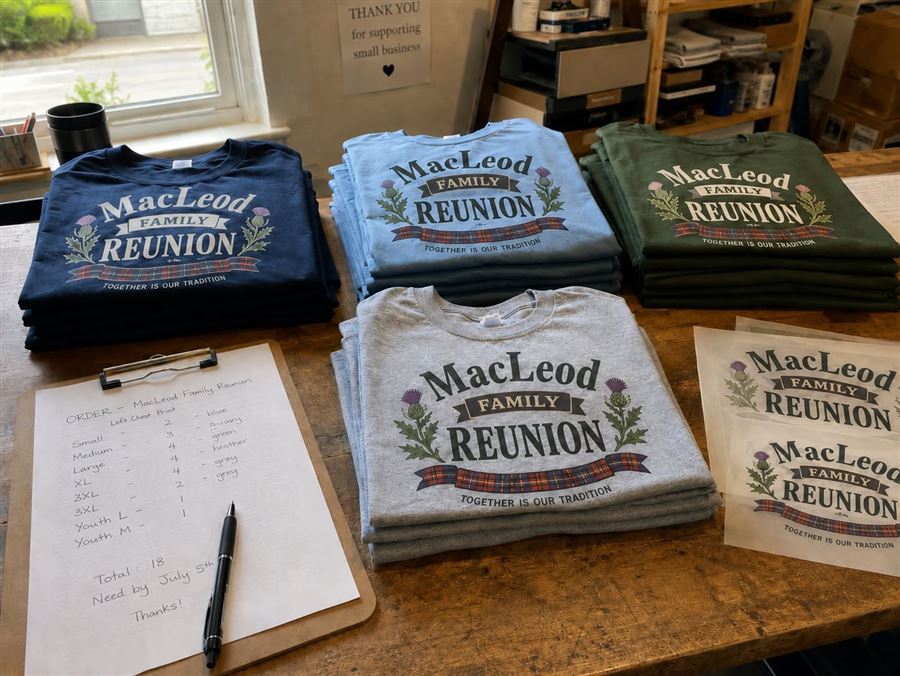 MacLeod family reunion t-shirts in five colours ready for pickup