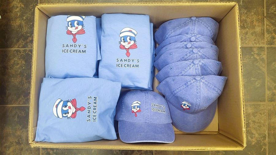 Sandy's Ice Cream custom t-shirts and matching caps, freshly printed